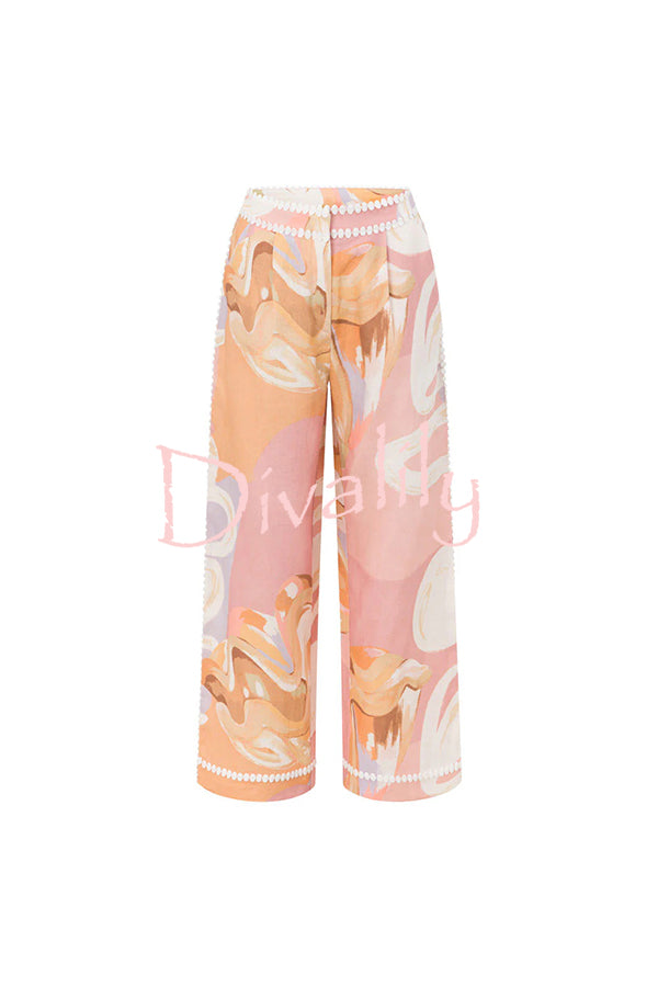 European Summer Linen Blend Ric Rac Trims High Rise Pocket Loose Pants