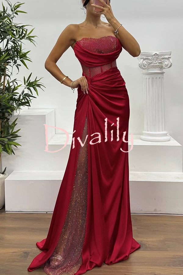 Essie Satin Rhinestone Patchwork Twist Waist Strapless Slit Maxi Dress