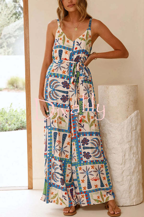 Unique Beach Vacation Print V-neck Suspenders Casual Wide-leg Jumpsuit