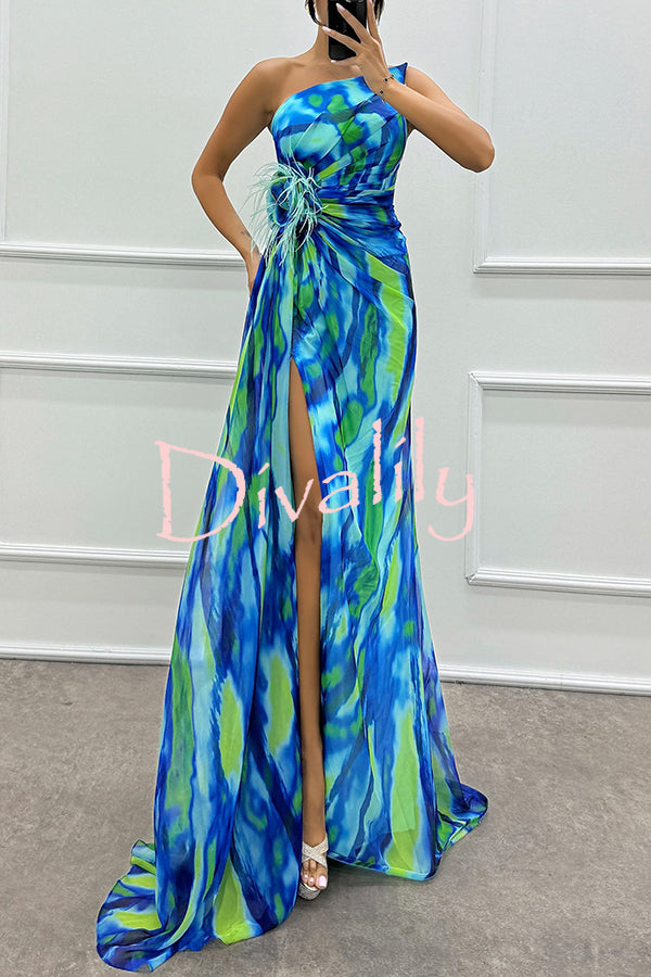 Amazing Views Watercolor Print Feather Rose Detail Off Shoulder Pleated Slit Maxi Dress