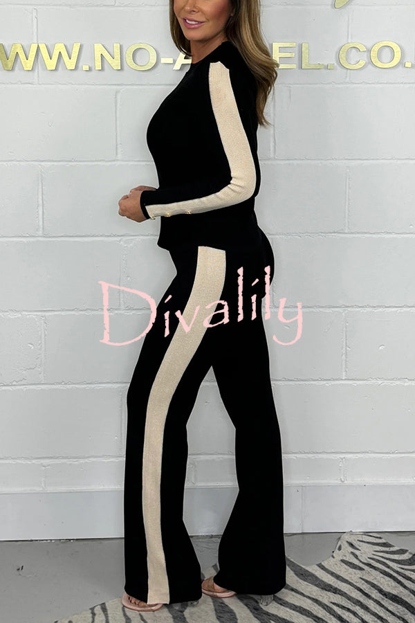 Fashionable Color Block Gold Button Long Sleeve Top and Elastic Waist Loose Pants Set