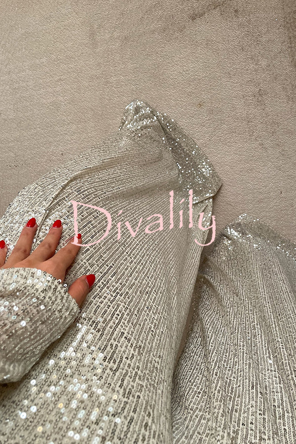 Fashionable Shiny Sequined Long-Sleeved Cropped Top and Casual Wide-Leg Pants Set