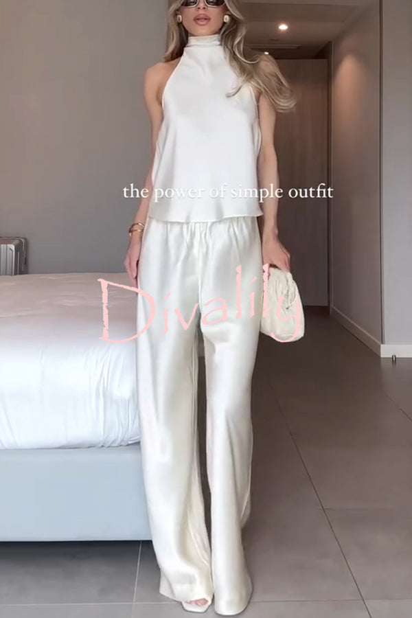 Modern Day Glam Satin Halter Tie-up Tank and Elastic Waist Wide Leg Pants Set