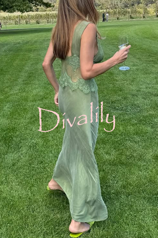 Wonderful Fusion Satin Lace Trim See-through Waist V-neck Drape Maxi Dress