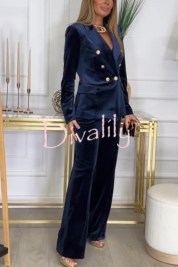 Guest of Honor Velvet Metal Button Lapel Blazer and Elastic Waist Pocketed Loose Pants Set