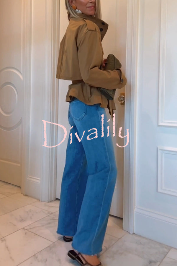 Chic Comfort Epaulettes Contrast Buttons Pocket Belt Cropped Trench Coat