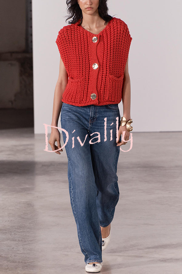 Solid Color Sleeveless Pocket Knitted Vest