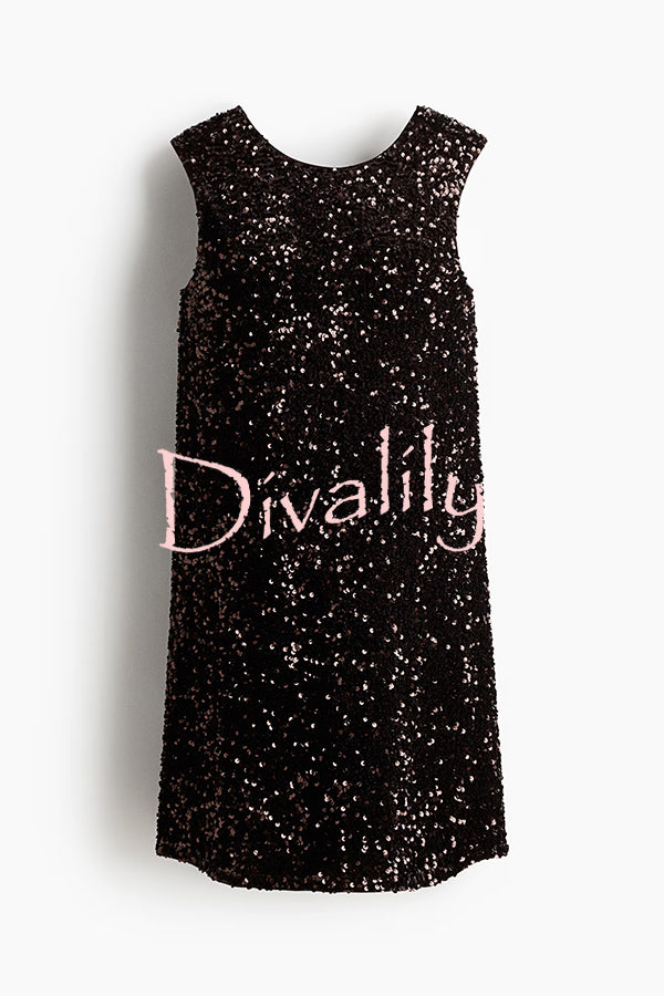 Glam Season Velvet Sequin Back Oversized Bow Design Sleeveless Loose Mini Dress