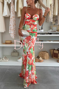Irresistibly Chic Mesh Botanical Print Cut Out Bust Ruched Stretch Maxi Dress