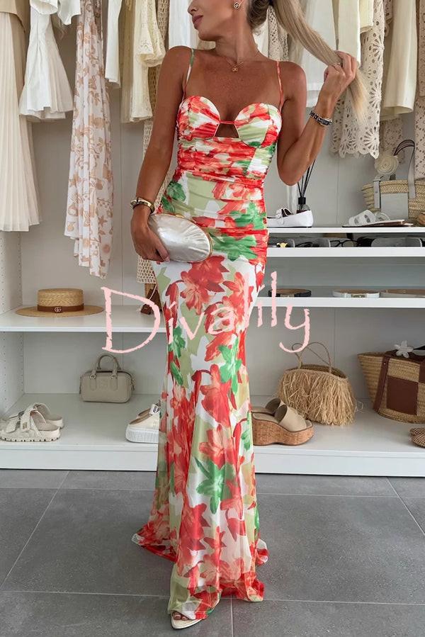 Irresistibly Chic Mesh Botanical Print Cut Out Bust Ruched Stretch Maxi Dress