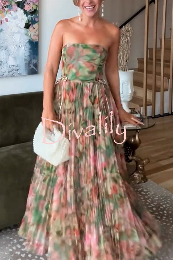 Romantic Factor Pleated Mesh Watercolor Print Bow Detail Strapless Maxi Dress
