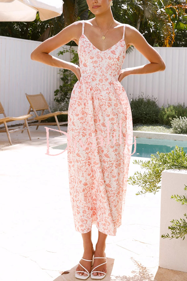 Floral Print V-Neck Sleeveless Back Tie Pocket Maxi Dress