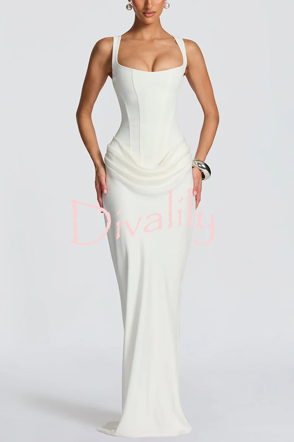 Larrah Square Neck Back Lace-up Satin Drape Hem Maxi Dress