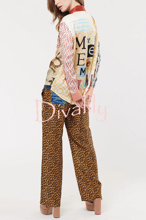 Tropical Jungle Tiger Unique Print Long Sleeve Loose Shirt and Elastic Waist Pants Set