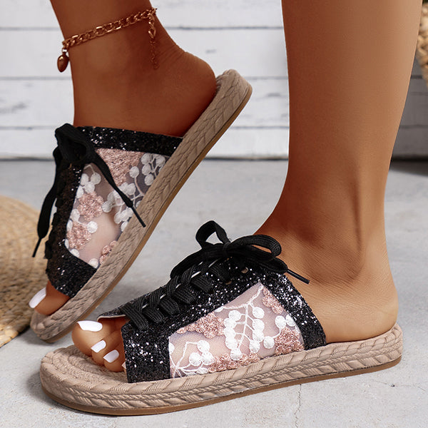 Sequined Mesh Embroidered Casual Strappy Flat Slippers