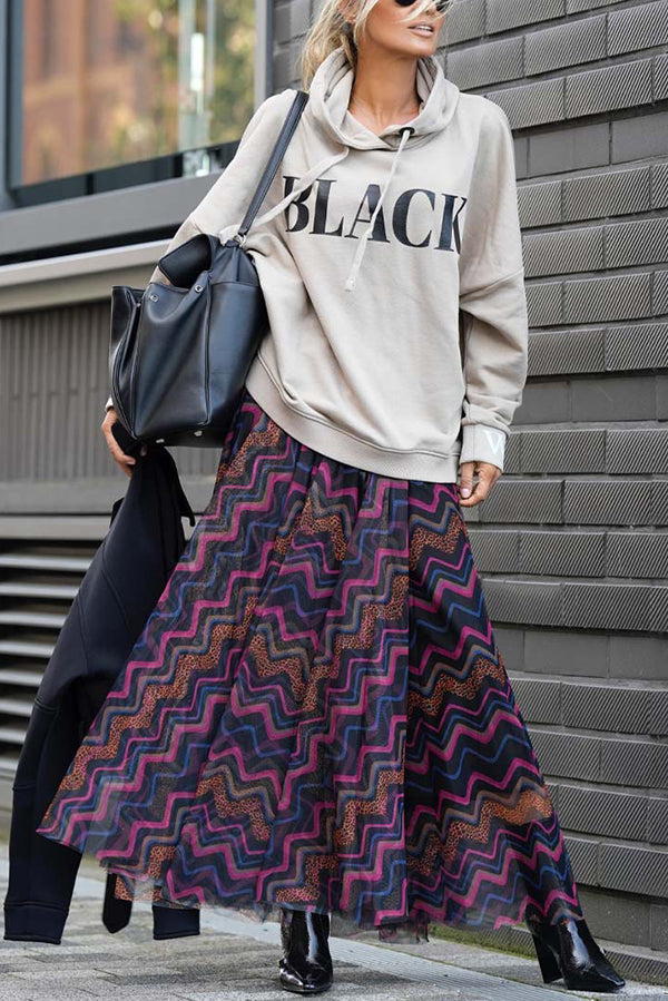 Unique Printed Large Hem Loose Mesh Maxi Skirt