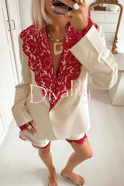 Love Letter Contrast Lace Detail Long Sleeve Wave Lapel Loose Blazer