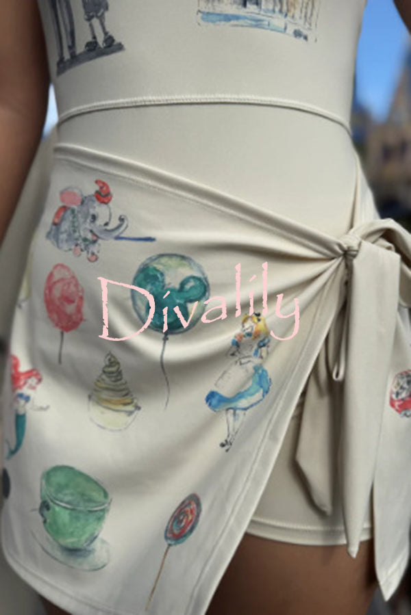 Childish Cartoon Print Sleeveless Fitted Lace-Up Mini Dress