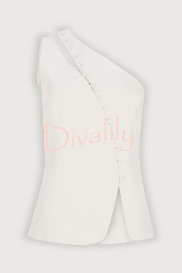 Full of Design Solid Color One Shoulder Asymmetric Slit Button Casual Vest