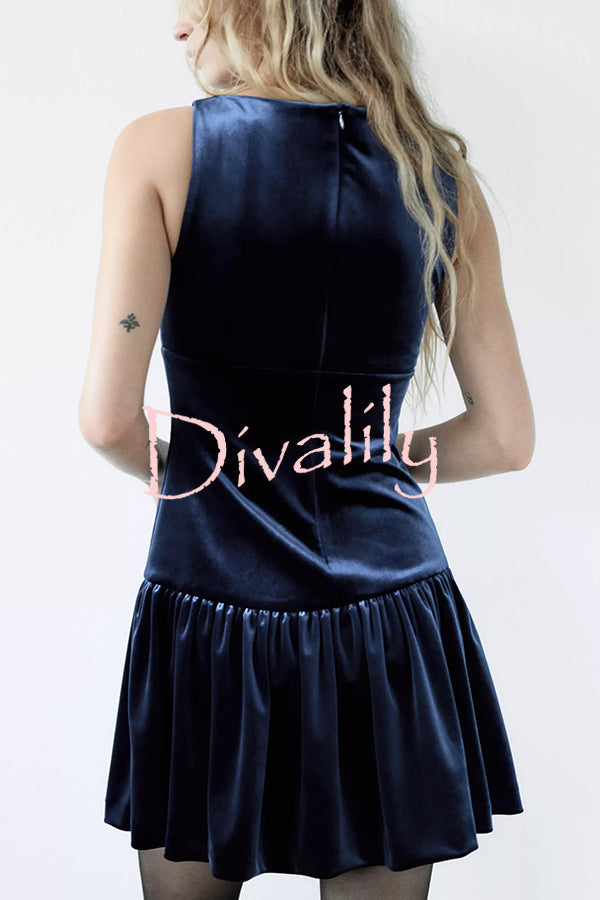 Solid Velvet Bow Embellished Sleeveless Mini Dress