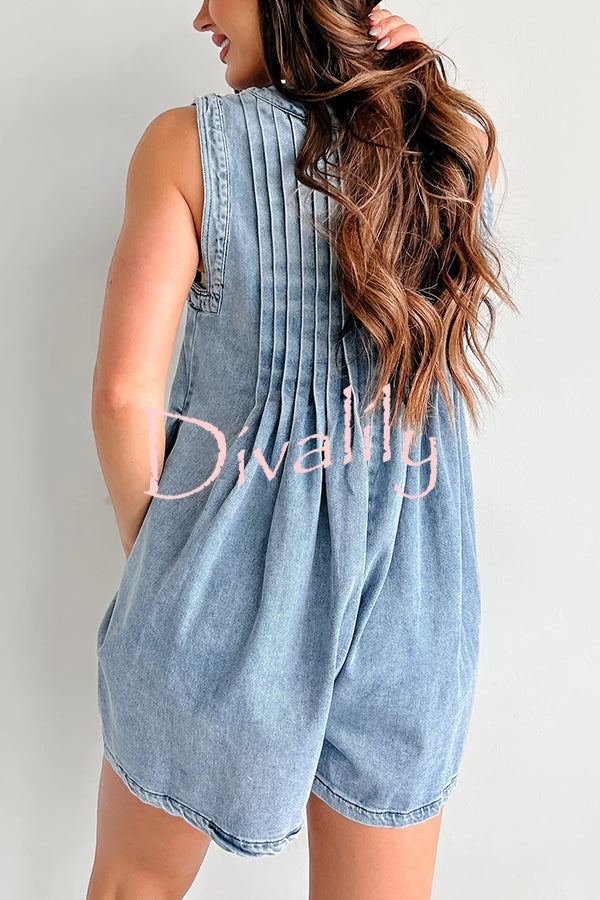 Downtown Daze Denim Pleated Tie-up Pocketed Loose Romper