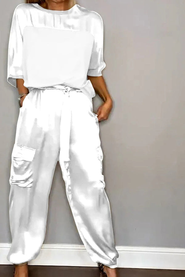 Calissa Smooth Satin Half-sleeved Top and Elastic Waist Pocket Pants Set