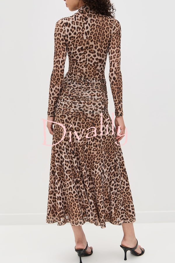 Revina Mesh Leopard Print Mock Neck Gathered Waist Long Sleeve Stretch Midi Dress