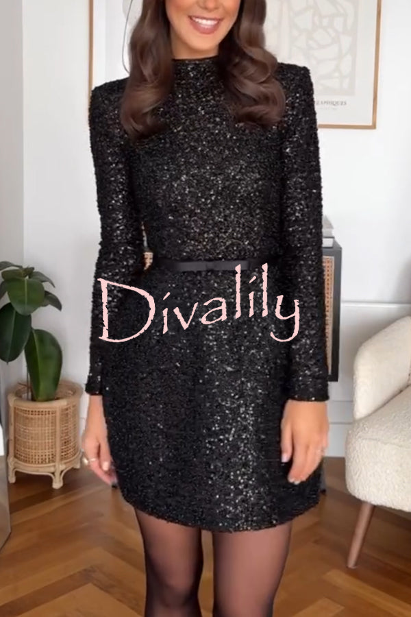 Edie Sequin High Neck Long Sleeve Satin Bow Belted Tulip Mini Dress