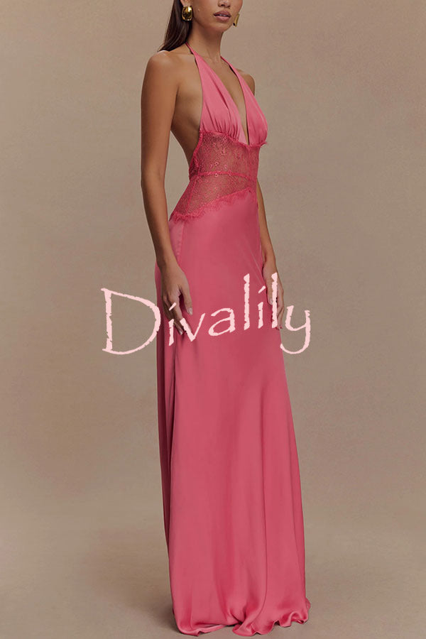 Romantic Sexy Satin Lace Waist Halter Maxi Dress