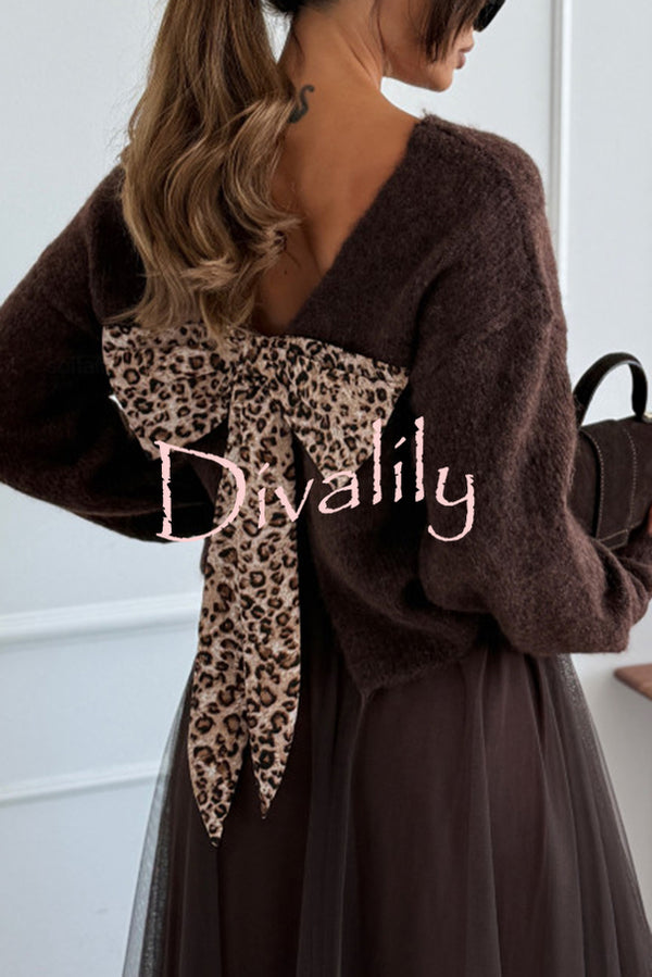Gisella Knit Back Slit Leopard Print Bow Design Long Sleeve Relaxed Sweater