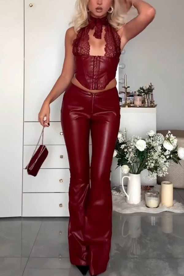 Style Challenge Stretch Faux Leather Lace Halter Tank and Zipper Waist Flare Pants Set