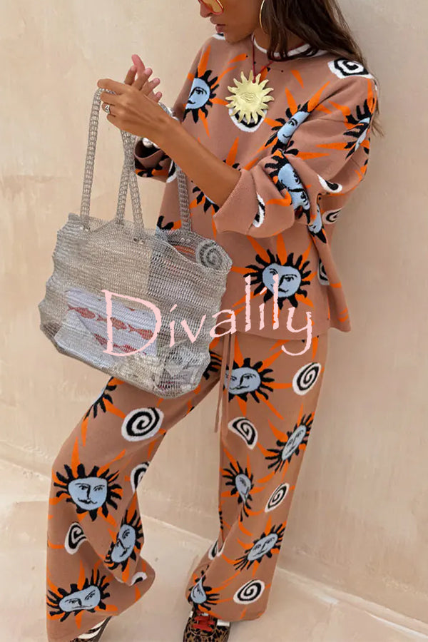 Mediterranean Art Knit Unique Sun Vortex Print Elastic Waist Wide Leg Pants