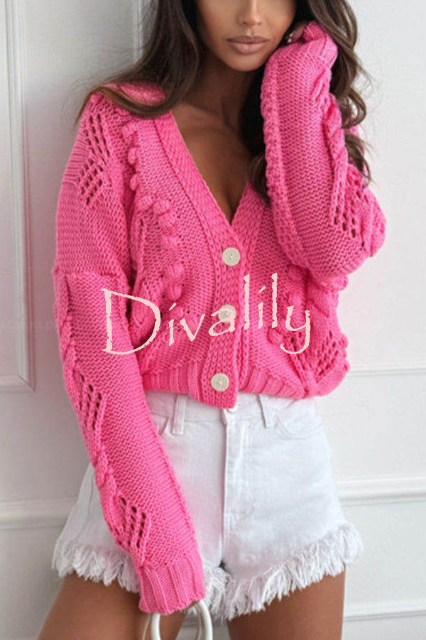 Fashion Hollow Long Sleeve V-neck Button Loose Knitted Cardigan