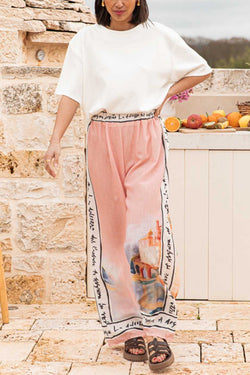 Unique Printed Elastic Waist Vacation Casual Wide Leg Pants
