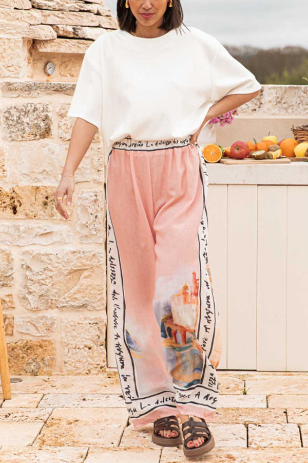 Unique Printed Elastic Waist Vacation Casual Wide Leg Pants