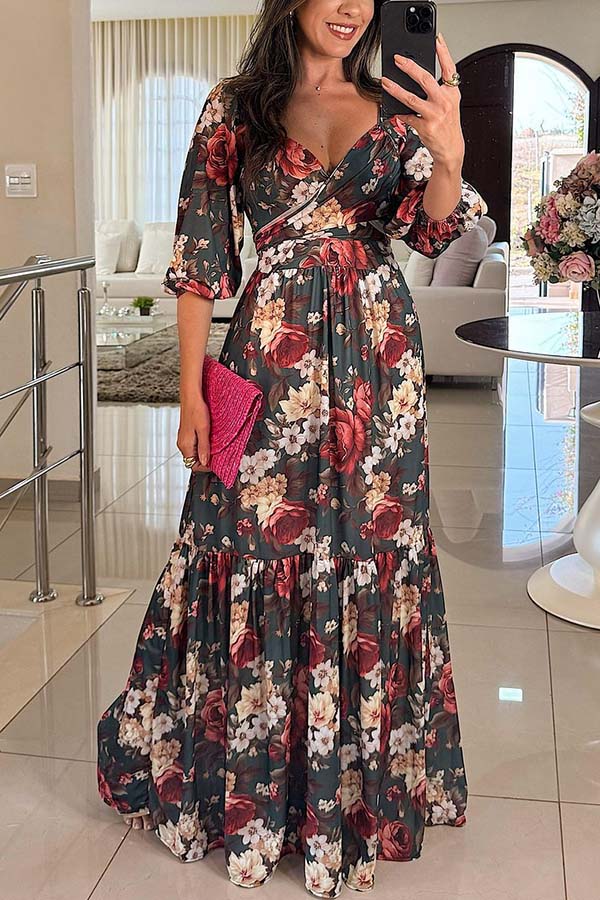 Raiene Floral Print Off Shoulder Tie-up Back Smocked Party Maxi Dress