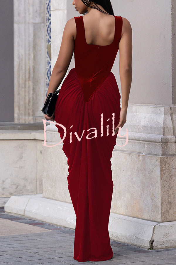 Fashionable Velvet Patchwork Square Neck Sleeveless Draped Maxi Dress