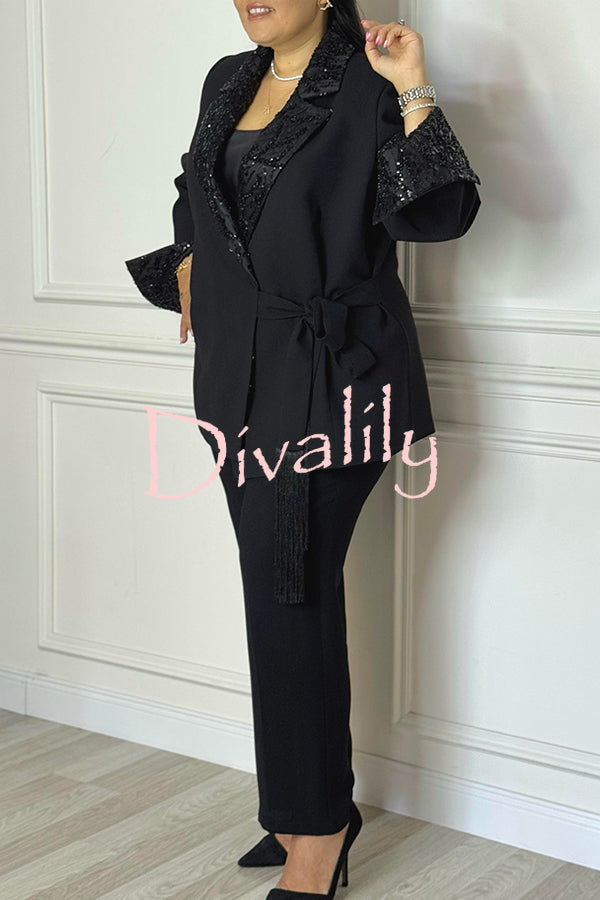Social Time Embroidered Sequin Patchwork Tassel Belt Detail Lapel Party Blazer