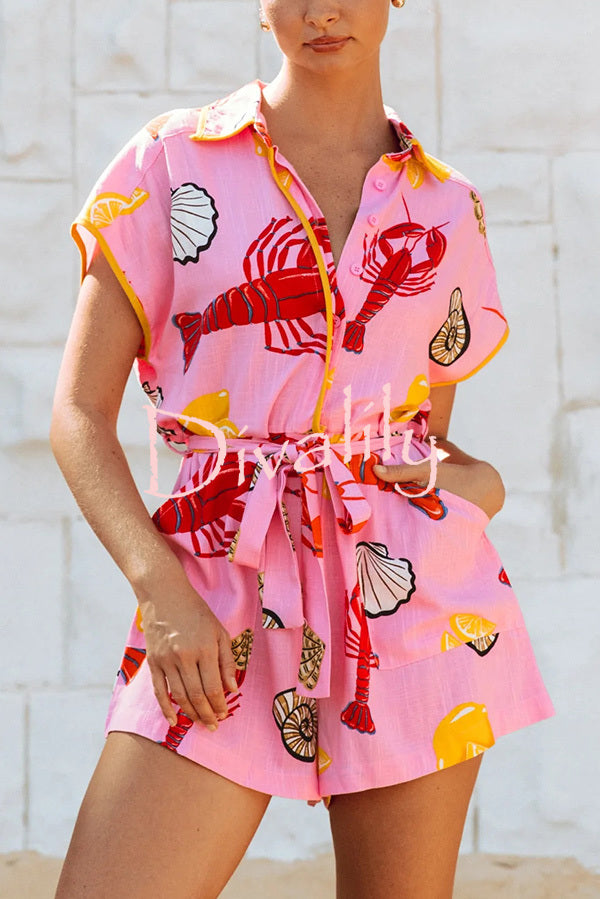 Unique Printed Lapel Short-sleeved Waist Tie Pocket Rompers