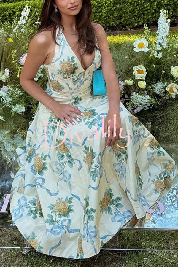 Resort Star Floral Print Waist Halterneck Tie Pocket Midi Dress