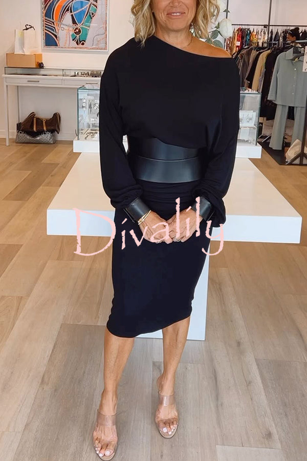 Winston Faux Leather Patchwork Wide Belt Design One Shoulder Stretch Midi Dress