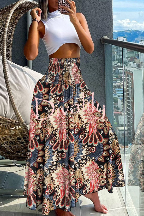 Unique Printed Pleated Elastic Waist Holiday Casual Maxi Skirt