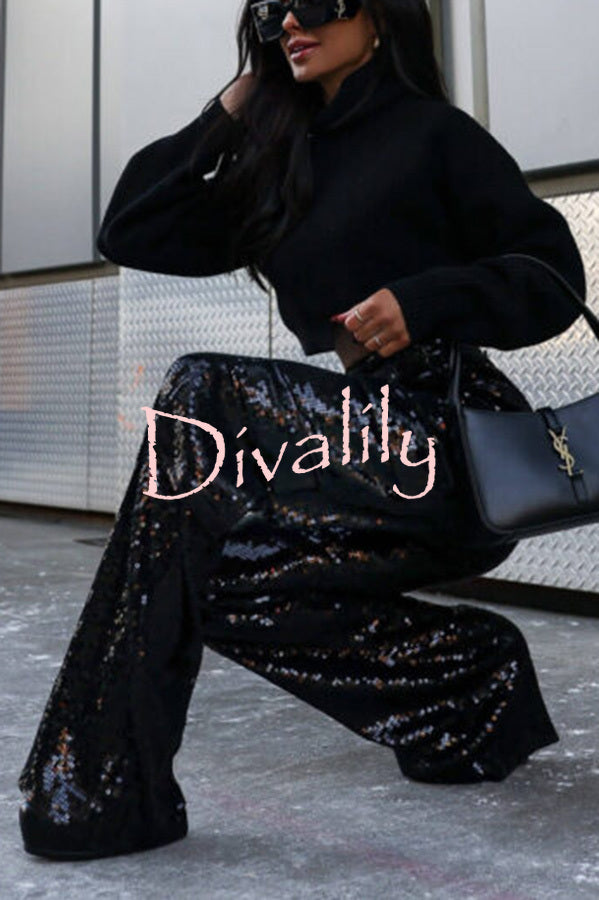 Night Gathering Sequin High Rise Pocketed Wide Leg Cargo Pants