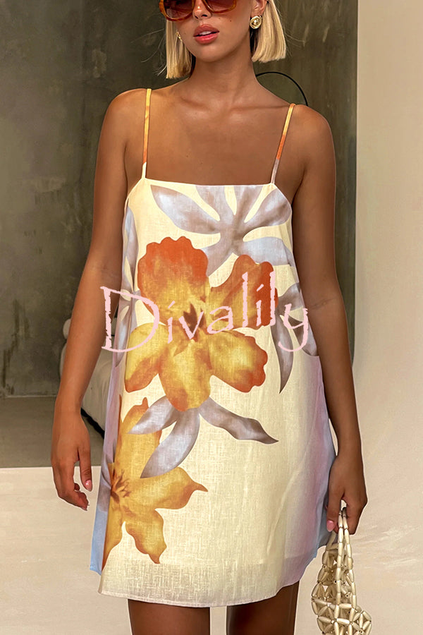 Summer Surprise Linen Blend Floral Print Slip H-line Mini Dress