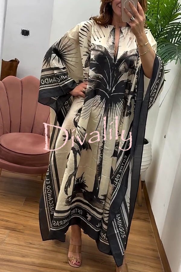 Flora Flamingo Print V-neck Loose Holiday Maxi Dress