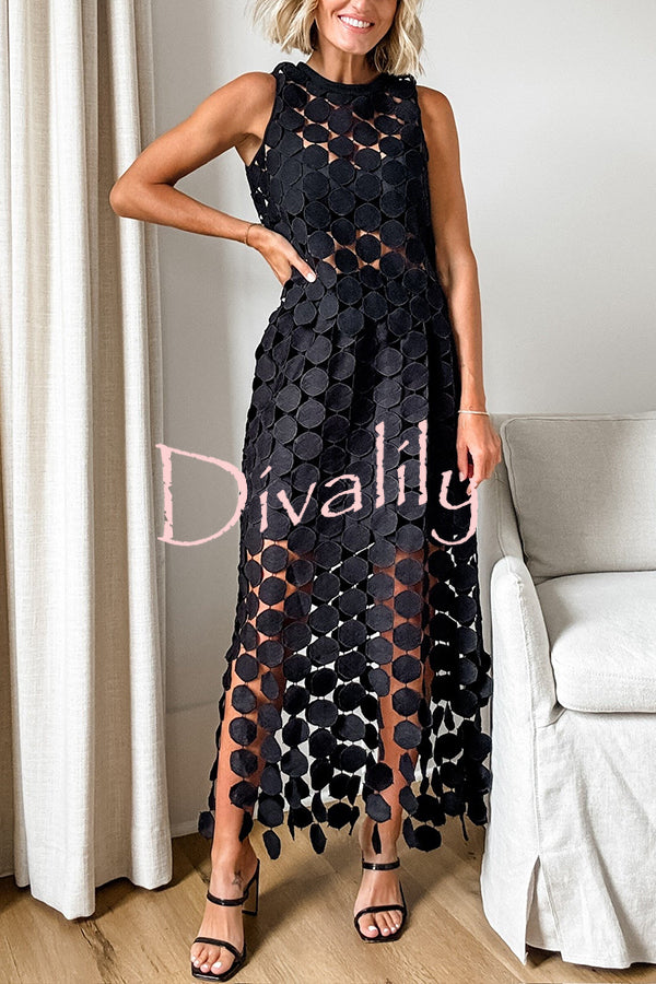 Casie See Through Circle Embroidery Elastic Waist Tassle Hem Maxi Skirt