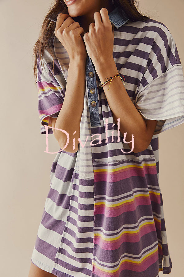 Contrast Striped Patchwork Denim Lapel Loose Casual Mini Dress