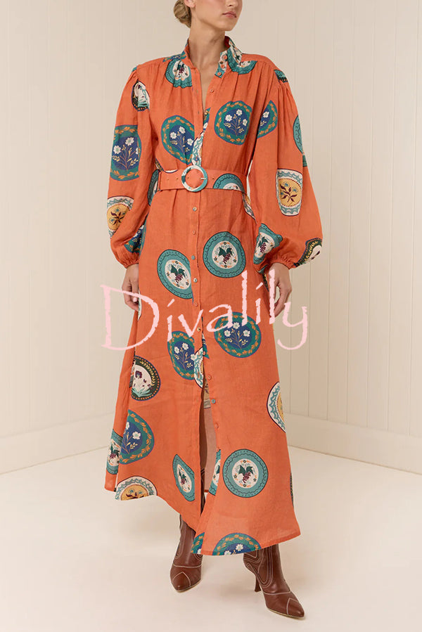 Linen Blend Unique Print Belted Single-breasted Casual Maxi Dress