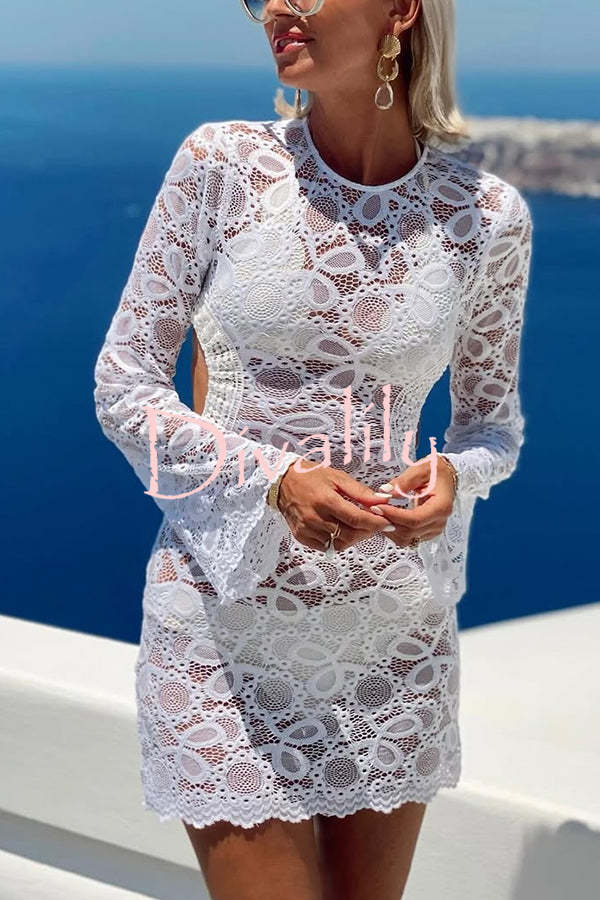 Santorini Sunset Floral Lace Long Sleeve Backless Tie-up Vacation Mini Dress