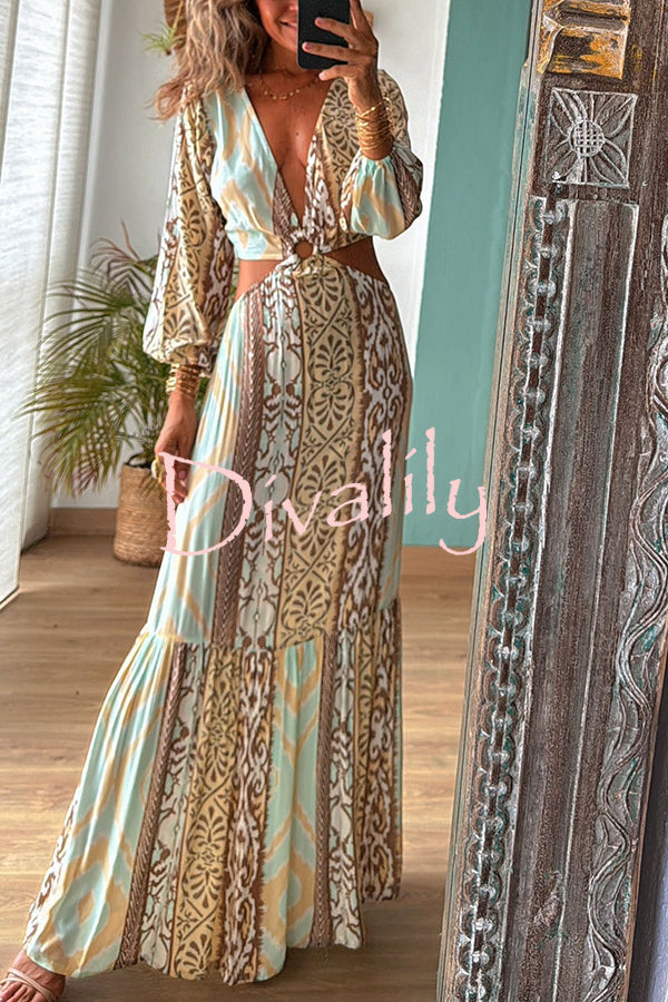 Sefora Unique Color Block Print Long Sleeve Ring Cutout Back Tie-up Maxi Dress